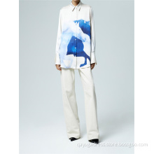 Polo Collar Floral Viscose Satin Long Sleeved Shirt